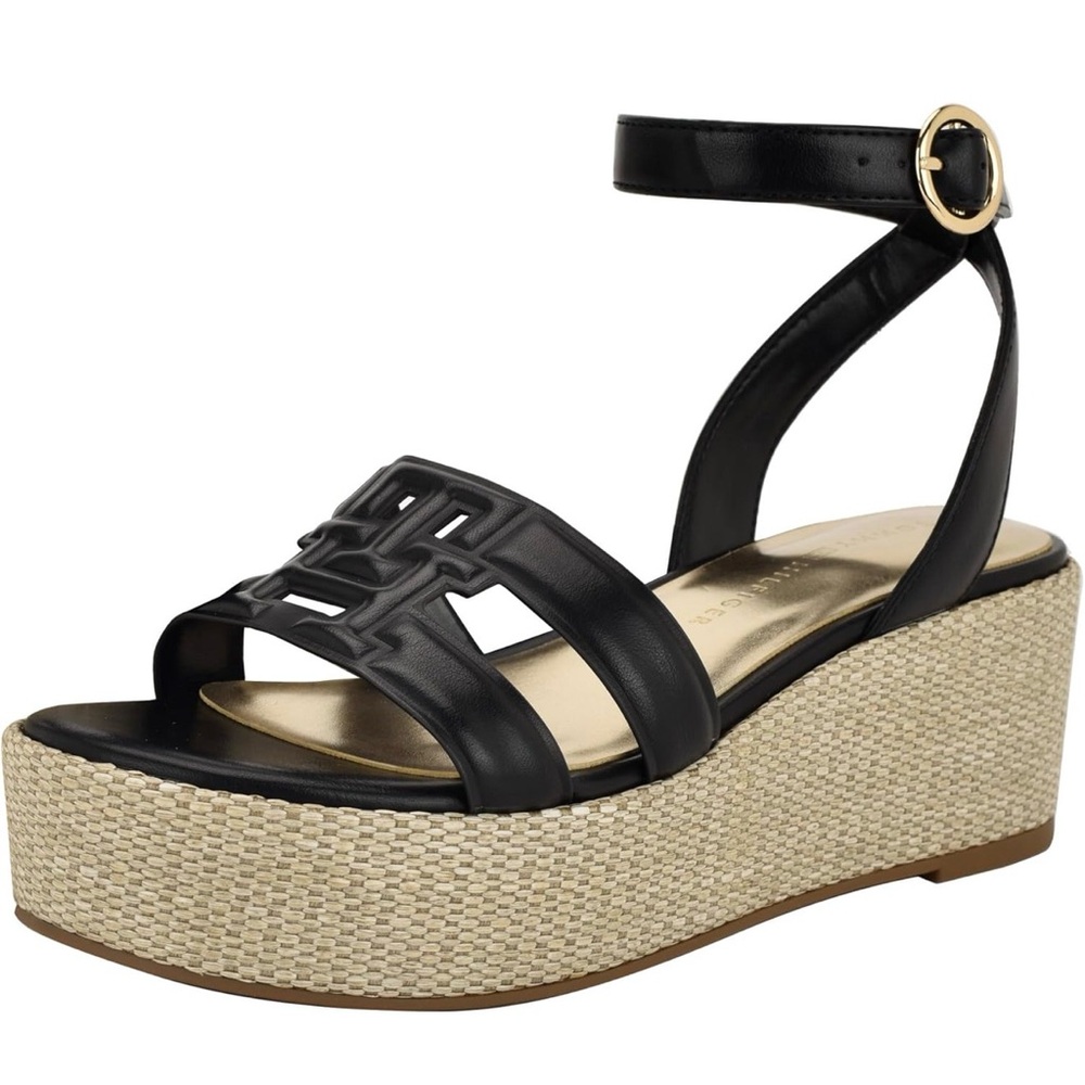 Tommy Hilfiger Vastie Raffia Platform Wedge Sandals Black Women NOWT